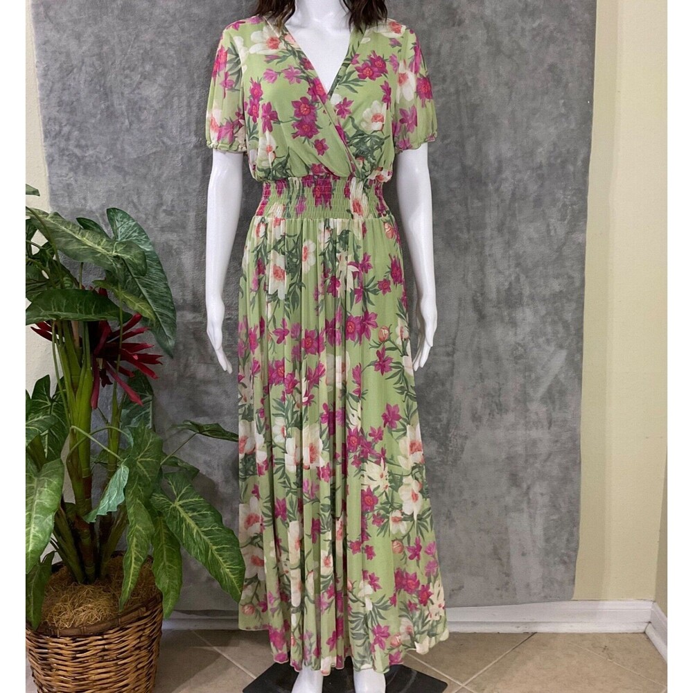 Kate & Lily Maxi Dress Woman’s 8 Green Floral Smocked Waist Romantic